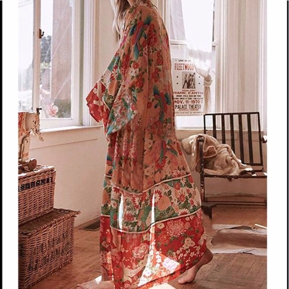 Floral Boho Long Kimono Duster Coverup Robe - Picture 3 of 9